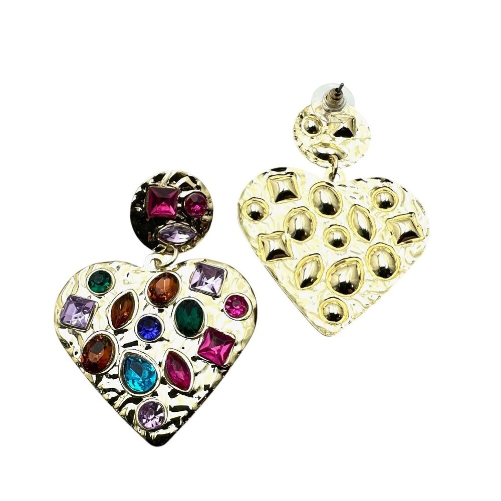 Multicolor Crystal Heart Gold Tone Earrings Pierced Chandelier New - Picture 5 of 5
